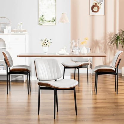 YaFiti Dining Chairs Set of 2, Mid Century Modern PU Leather Kitchen Chairs | Ergonomic Walnut Backrest, Upholstered Waterproof Faux Leather Seat, Stable Metal Legs, Adjustable Footpads, White Scallop