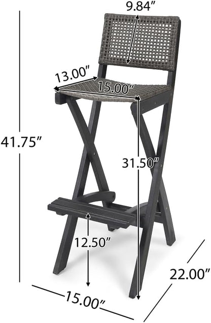 Saiveina 41.75" Outdoor Folding Acacia Wood Barstools with PE Rattan Backrest and Seat, Dark Grey Finish (Set of 2)