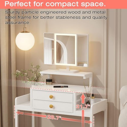 HIGDBFE Vanity Desk with Mirror and Lights 28.4''W Small Makeup Vanity | Vanity Table with Height-Adjustable Stand, 2 Fabric Drawers Compact Makeup Desk, Gift for Girls, Bedroom Small Space, White