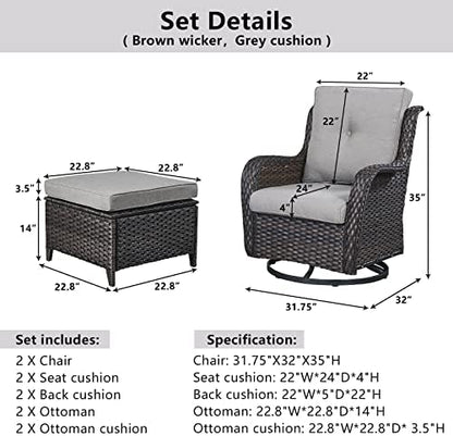 Belord Outdoor Swivel Chairs Set of 2,Patio Wicker Rocker Chairs with Ottomans, All Weather Patio Conversation Furniture Set, Ideal for Porch Balcony Deck Yard, Brown Wicker/Gray