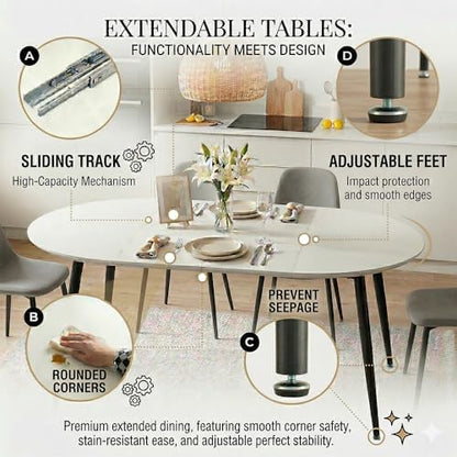 Round to Oval Extendable Dining Table for 4-8, 43" -75" Expandable Kitchen Table with Dual Extension Leaves, White Tabletop & Black Metal Legs, Space-Saving Modern Dining RoomTable, Easy Assembly