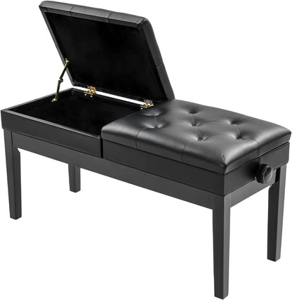 AngelcityCC Longer Duet Piano Bench with Storage, Adjustable Height Double Keyboard Piano Bench Seat with PU Leather Cushion