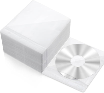 Harloon 200 Pcs CD DVD Sleeves Double Sided Plastic Clear Refill, White | PP Material and Fiber Cloth, Protective Sleeves for Blank Discs, Bulk Refill for Storage Binders