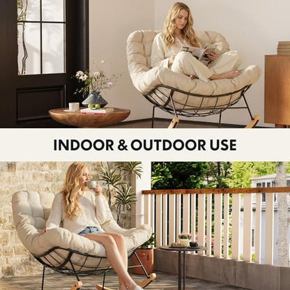 FLEXISPOT Oversized Outdoor Rocking Chair with Thick Cushion, Beige | Thick Cushioned Seat, Bonus Pillow, Modern Patio Papasan Rocker, Metal Frame Wood Base, For Porch Balcony Living Room