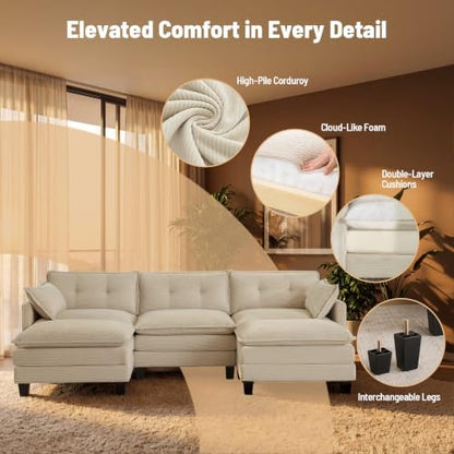 Amsleekey 111.5" U Shaped Modular Sectional Sofa, Beige Corduroy | Cloud Couch for Living Room, 3 Seater Deep Seat Convertible Sleeper Sofa with 2 Movable Ottomans and 2 Leg Height Options