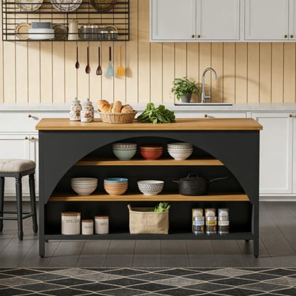 Kitchen Island with Open Shelves, Black and Natural Wood Top | 3-Tier Storage, Arched Side Panels, 55.12" x 31.5" Top, Metal Frame Base, Freestanding Design