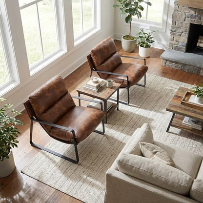 LukeAlon Set of 2 Modern PU Leather Accent Armchair, Retro Brown | Pu Leather Upholstered Living Room Chair With Metal Base & Thickened Cushion