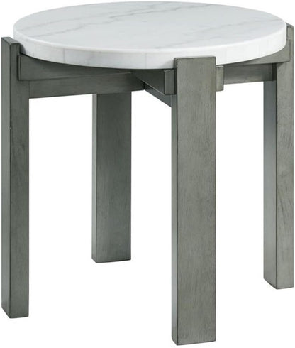 Pemberly Row Contemporary Round End Table, 24 in x 24 in x 24 in, Gray Base with White Natural Marble Top, Solid Wood Legs, Circular Design, Modern Transitional Style for Living Room or Bedroom