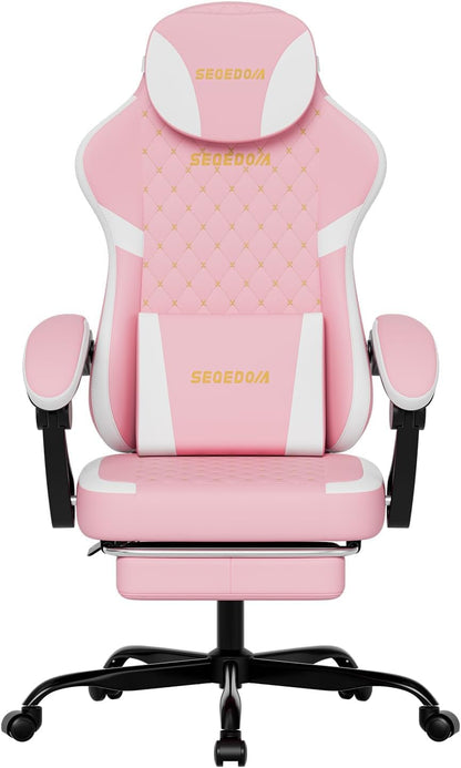 Ergonomic Gaming Chair with Footrest & Massage Lumbar Pillow, Height Adjustable 360° Swivel Computer Chair, Linked Armrest & Headrest for Office Gaming (Pink White)