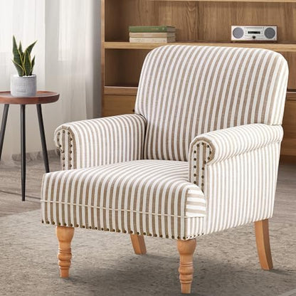 HUIMO Linen Fabric Accent Chair, Mid-Century Modern Armchair with Solid Wood Legs, Single Sofa Chair,Upholstered Reading Club Chair (1, Brown and White Stripe)