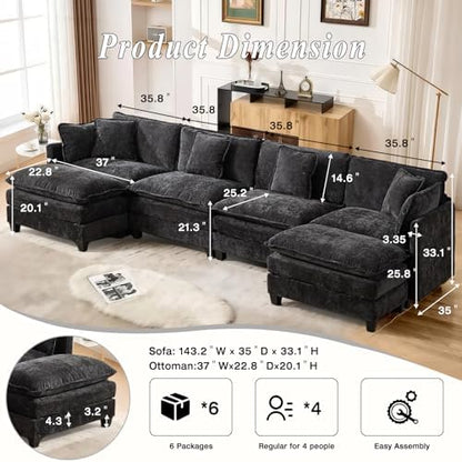 SoarFlash 149.61" Chenille U Shaped Modular Sofa with Ottoman,Black