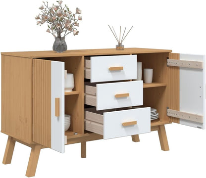 White and Brown Solid Pine Wood Sideboard with Multiple Drawers and Doors for Dining Room Living Room Hallway Storage Modern Scandinavian Design