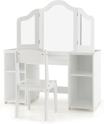 HONEY JOY Kids Vanity, Little Girls Vanity Set with Mirror and Stool, Storage Shelves, Wooden Princess Makeup Dressing Table, Toddler Vanity, Pretend Play Kids Vanity Table and Chair Set (White)