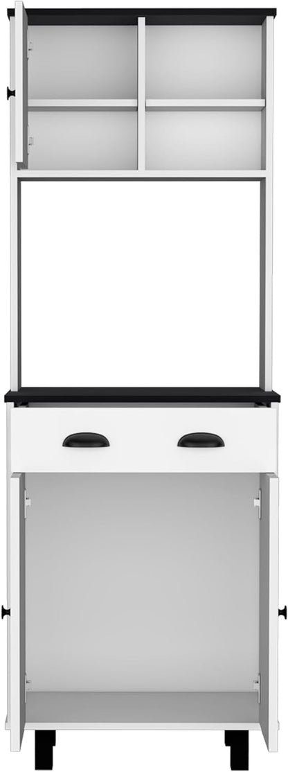 67" H Kitchen Pantry with Two Cabinets, Two Open Shelves, and One Drawer,White/Black