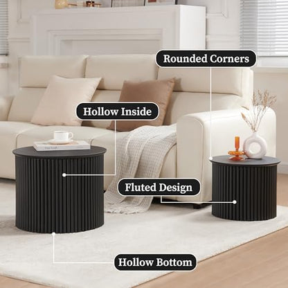 Small Fluted Round Nesting Coffee Table Set of 2, Mid Century Modern Coffee Table Circle Side Table, Wood Nesting Table Farmhouse End Tables Set for Living Room, Bedroom, Small Spaces(Black