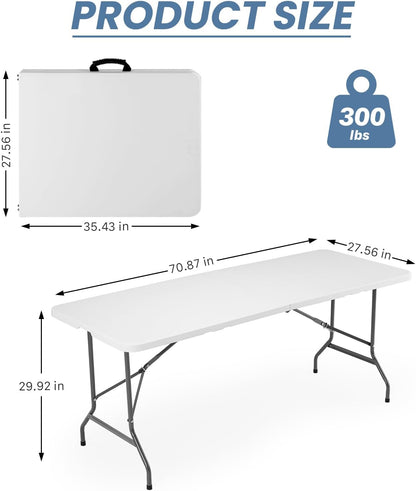 6 FT Folding Picnic Table Easy to Fold and Store, Foldable Table for Camping Picnic Dining Party Kitchen Outdoor Indoor with Carrying Handle, White