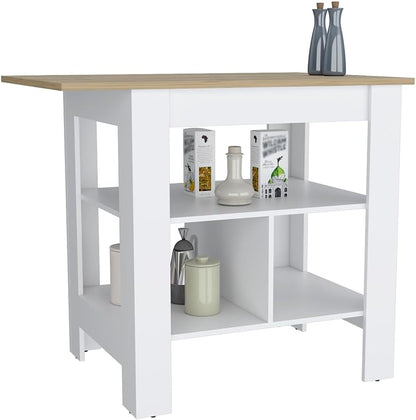 Modern Kitchen Island with Beige Top and Three Shelves | Three low open shelves for extra storage space
