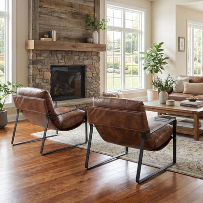 LukeAlon Set of 2 Modern PU Leather Accent Armchair, Retro Brown | Pu Leather Upholstered Living Room Chair With Metal Base & Thickened Cushion