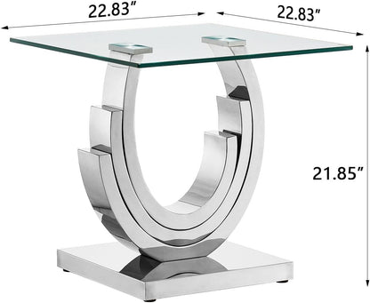 Glass End Table, 22.83" Square Side Table with Tempered Glass Top and Silver Mirror Finish Stainless Steel Three U-Shaped Base, Modern Small End Side Table for Living Room