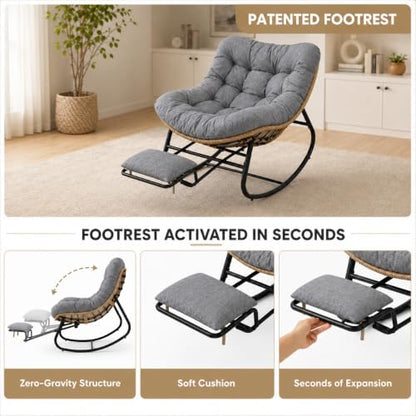 Oversized Rocking Chair with Zero-Gravity Foot Rest & Ottoman, Comfy Lounge Chair for Patio, Porch, Balcony, Indoor Reading Nook, Big Cozy Chaise Chair for Outdoor & Home Use, Grey