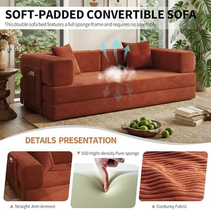 78.8" Couch for Living Room, Futon Sleeper Sofa Bed | Convertible Sofa Bed, Corduroy Pull Out Couch Loveseat with Storage Pocket, Modular Design, No Assembly, Orange