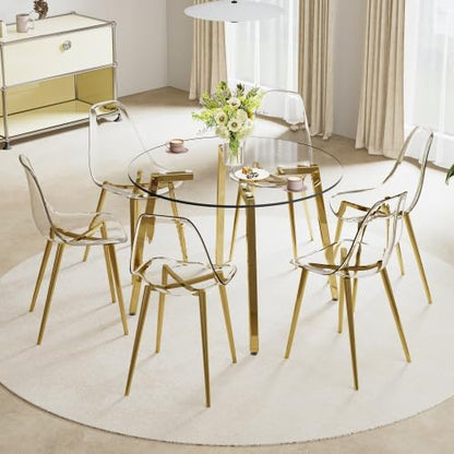 JUFU Acrylic Dining Chairs Set of 6, Modern Clear Chairs with Transparent Seat, Ergonomic Acrylic Side Chairs with Gold Metal Legs for Dining Room, Kitchen, Living Room
