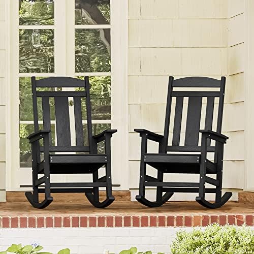 LUE BONA Outdoor Rocking Chairs Set of 2, Weather Resistant Poly Plastic Rocker, 350lb Heavy Duty, Oversized Porch Rocker for Adult, High Back Smooth for Outdoor & Indoor, Black