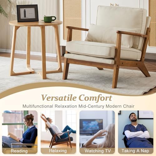 VINGLI Solid Wood Wide Armrests Accent Chair,Upholstered Mid Century Modern Chair with Pillow,Comfy Reading Chair Farmhouse Arm Chair,Chairs Living Room,Bedroom,Guest Room,Linen Fabric,Beige