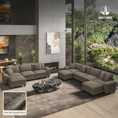 HERA'S HOUSE 158" Oversized Modular Sectional U Shaped Sofa,Chenille Ash | 6-Seater Living Room Couches, Wider Armrest and Deep Seat, Comfy Cloud Couch with Ottoman, Light Gray