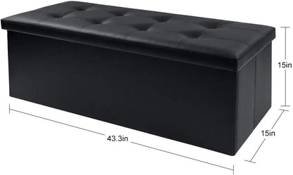 Camabel 43 Inch Folding Storage Ottoman Bench 125L Hold up 700lbs Ottoman with Storage Chest Foam Seat Padded Foot Rest Stool Faux Leather Bedroom Bench with Storage Coffee Table Black