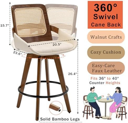 Mid Century Modern Counter Stools, Rattan Swivel Counter Stools with Back | Natural Bentwood Frame, Rattan Back, Walnut Finish, Faux Leather Upholstered Seat, Counter Chairs for Island, Kitchen, Cafe