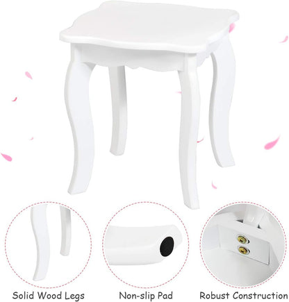 HONEY JOY Kids Vanity Set, Toddler Beauty Makeup Dressing Table w/Stool & Drawer, Tri-Fold Silver Mirror, Detachable Top, Wooden Princess Pretend Play Vanity Set for Little Girls (White)
