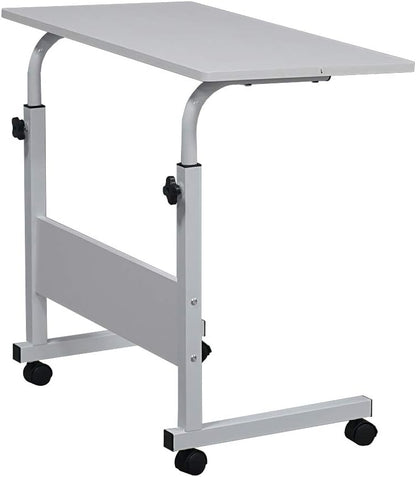 Portable Laptop Computer Desk Stand with Wheels, Rolling Sofa Side Snack Table, Height Adjustable Breakfast TV Tray Bedside Coffee， White L