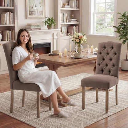 Tufted Dining Chair Fabric Button Upholstered Modern Kitchen Diner Set of 2 | Sturdy Wood Legs, Button High Back Side Chair, Living Room Restaurant Farmhouse Cafe, Mid Century Parsons Accent Stylish