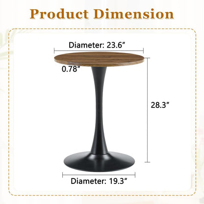 Round Dining Table, 23.6" Circle Tulip Table with Thickened Tabletop & Metal Pedestal, Mid Century Modern Bistro Table for Kitchen, Small Places, Living Room, Cafe (Walnut + MDF)