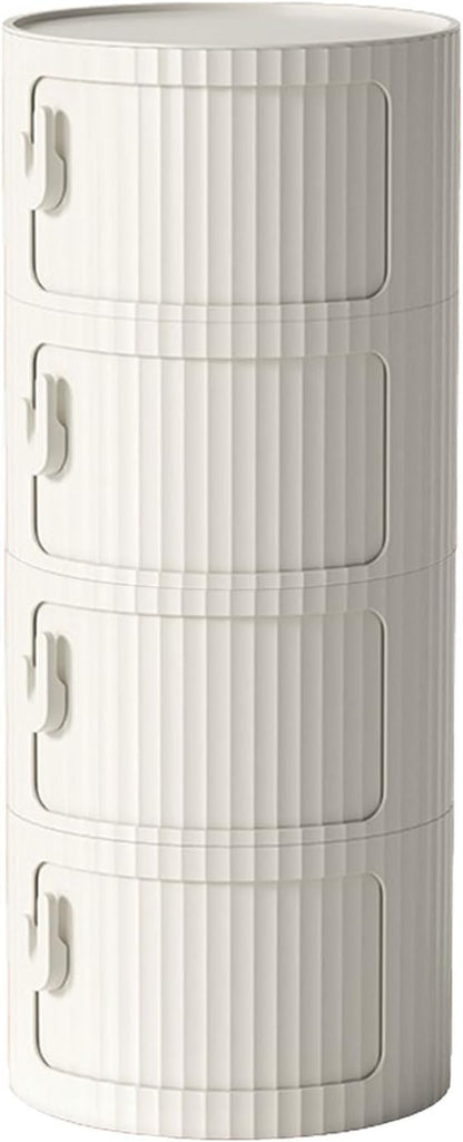 2/3/4 Tier Round Nightstand with Drawers, Round Bedside Table Plastic Nightstand Storage, Multifunctional End Table Storage Cabinet with Sliding Door, for Living Room, Bedroom, Bathroom(White,4 Tier)