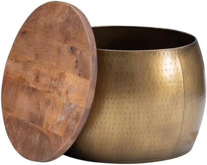 MAKLAINE Large Hammered Metal Drum Table with Storage, Brass Finish, Solid Mango Wood Top, 27.5 in Diameter, Handcrafted Accent Table for Living Room or Bedroom Use