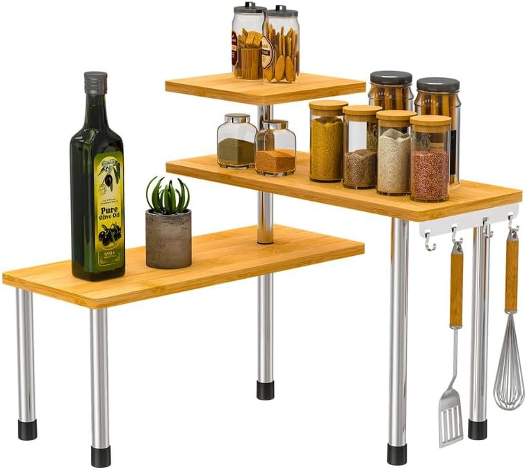 ZHWS Kitchen Countertop Organizer Spice Rack for Salt, Bathroom Counter Organizer Over Sink for Makeup, Skincare, Adjustable 3-Tier Corner Counter Shelf with 4 Hooks for Coffee Bar Dresser Table
