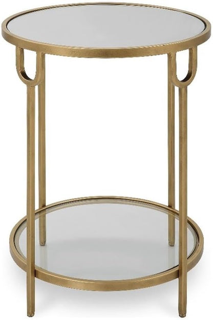 BOWERY HILL Round Two-Tier Iron Accent Table, Antique Gold Finish, Mirrored Top and Tempered Glass Shelf, 24.25" H x 17.25" W x 17.25" D, Elegant Design for Living Room or Bedroom Decor