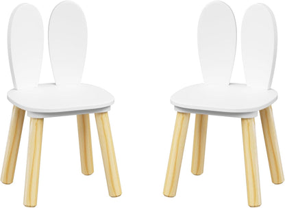 ALEVINE Kids Table and 2 Rabbit Ear Chairs Set, 3-Piece Toddler Wooden Activity Table and Chair Set with Solid Wood Legs, White