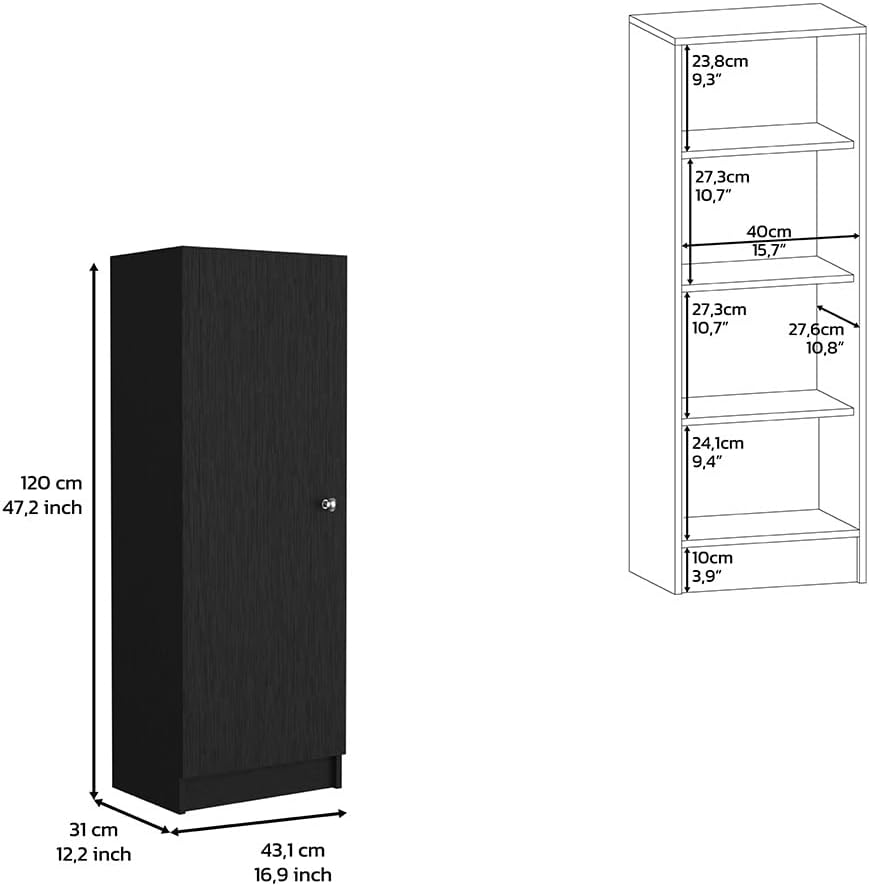 Kitchen Pantry 47" H, One Door Cabinet, Four Interior Shelves, Black
