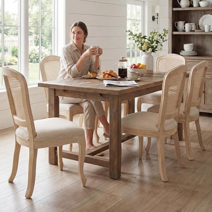 Wicker Dining Chairs Set of 4, Upholstered Linen Fabric Dining Room Chairs with Square High Rattan Back Farmhouse French Kitchen Chairs for Dining Table/Living Room/Restaurant, Cream