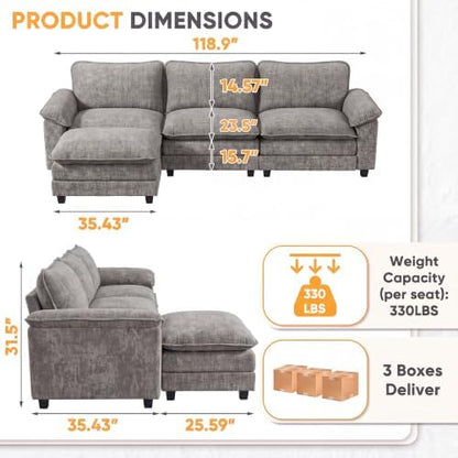 Homall 118.9" L Shaped Cloud Couch, Modular Sectional Sofa for Living Room | Comfy Chenille, Movable Ottoman, 30" Deep Seat, Washable Cover, Sturdy Frame, High-Density Foam, Easy Assembly, Light Grey