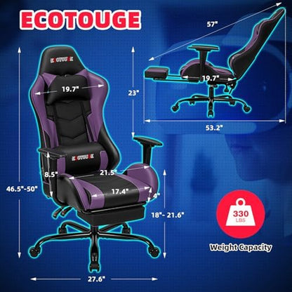 ECOTOUGE Violet Ergonomic PC Massage Gaming Chair with Footrest | Reclining Racing PU Leather, Swivel Rocker, Headrest, Lumbar Pillow, Office Desk Chair, Adjustable Height, Sturdy Base