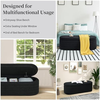 Teddy Sherpa Oval Black Ottoman with Storage, 45.5-inch Bench | Teddy Upholstered Window Bench Hidden Storage, Safety Hinge and Seating, for Living Room, Bedroom, Small Apartment