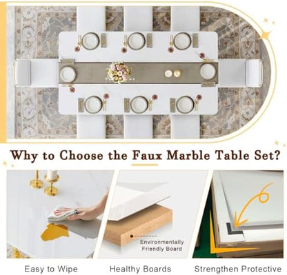 79" White Gold Dining Table Set for 8, Luxury Faux Marble Dining Table Set for 8 with White Gold Chairs, Kitchen Table Set with Gold Chrome Legs for Dining Room, Office