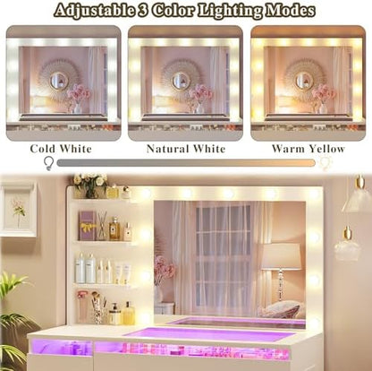 HUAHUU Vanity Desk with Lighted Mirror & Transparent Top, Makeup Vanity Desk with 4 Transparent Drawers and RGB Lighting, Built-in Power Outlet, 3-Tier Side Shelves & Storage Organizer for Bedroom