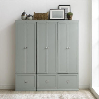 Pemberly Row Modern Wood/Metal Pantry Closets, 74" H x 66" W x 12.5" D, Distressed Gray Finish, Set of 3 Modular Cabinets with Adjustable Shelves, Drawers, Hooks, Traditional or Farmhouse Style