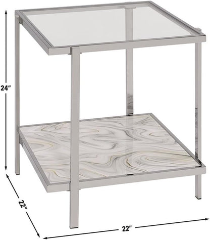 Pemberly Row Contemporary 3-Piece Coffee & End Table Set, Engineered Wood and Chrome, Tempered Glass Tops, Faux-Stone Pattern, Living Room Furniture Set with Storage Shelves