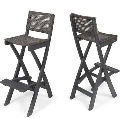 Saiveina 41.75" Outdoor Folding Acacia Wood Barstools with PE Rattan Backrest and Seat, Dark Grey Finish (Set of 2)